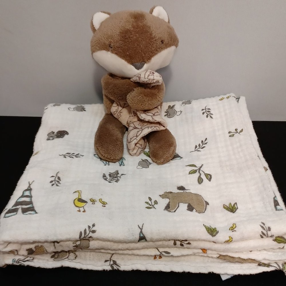 Baby gift, little fox with receiving blanket themed woodlands ,carters